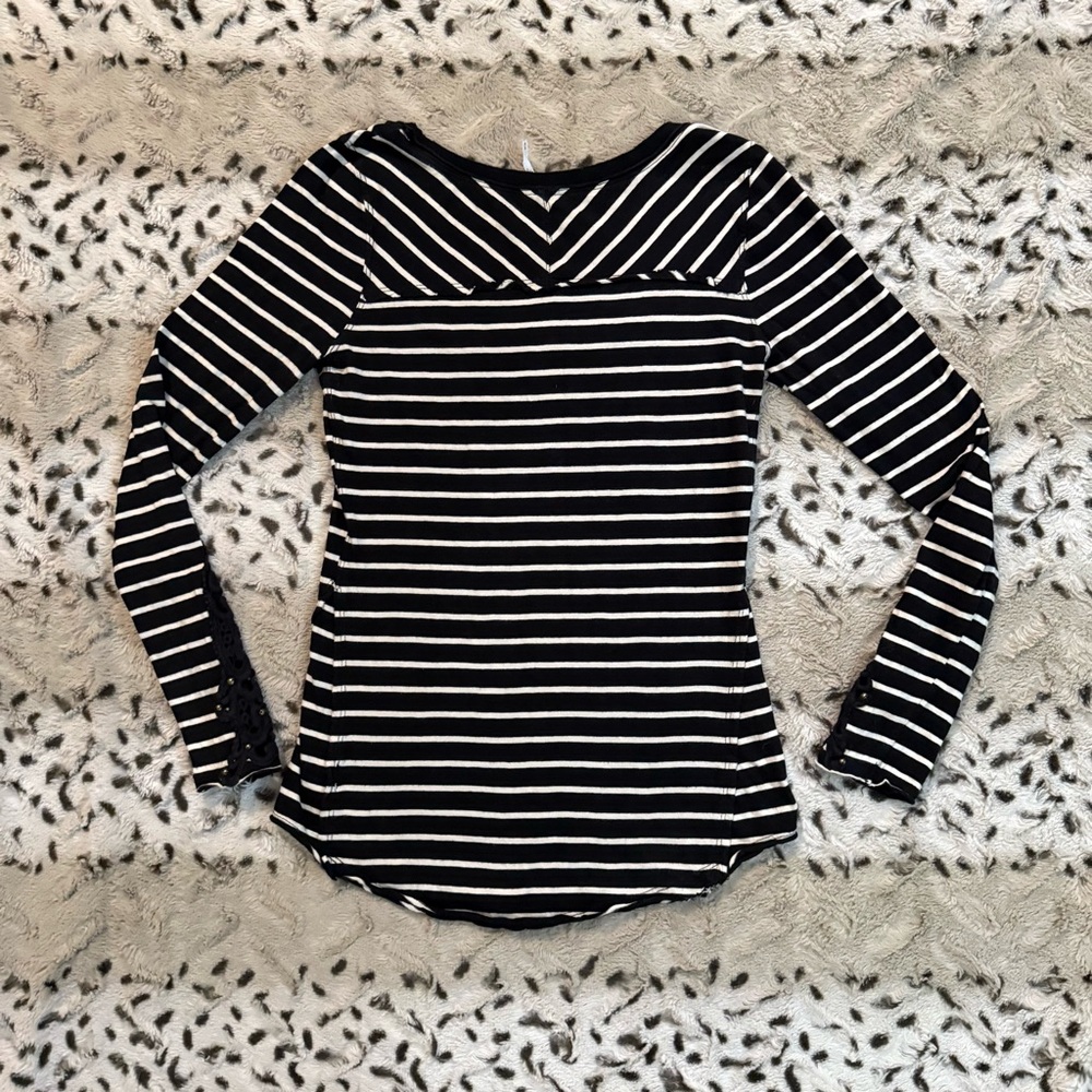 Free People Hard Candy Black + White Striped Long Sleeve w/ Crochet Cuffs - Picture 3 of 8